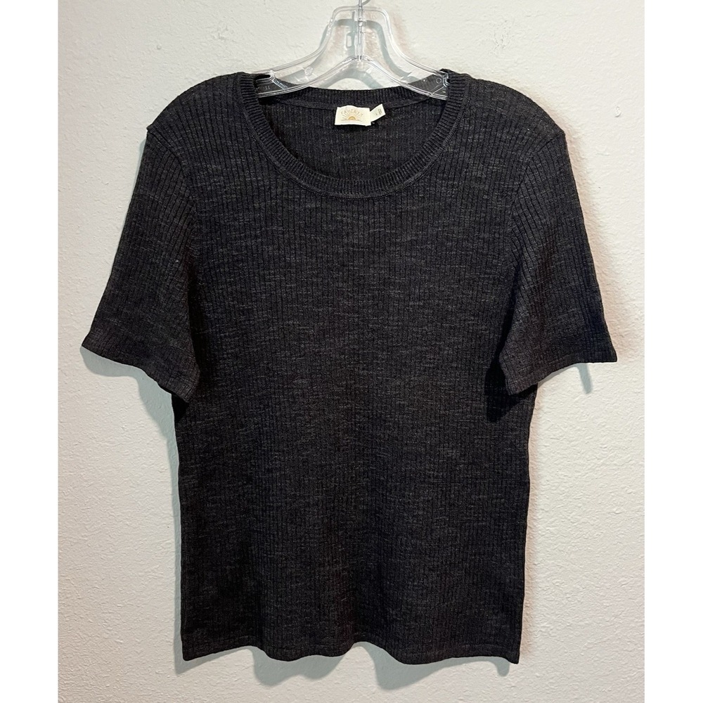 Faherty Ribbed Knit Top Large Charcoal Gray Linen Organic Cotton Short Sleeve